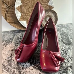 DANIBLACK 'Halley' Red Genuine Leather Business Square Toe Pumps w/Tassels Sz 9
